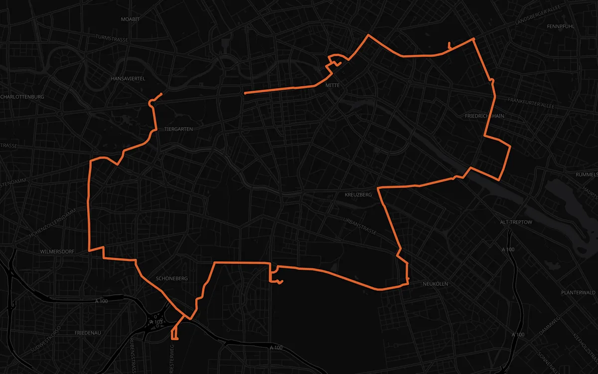 Berlin Marathon course map, Tiergarten to Brandenburg Gate, dark mode