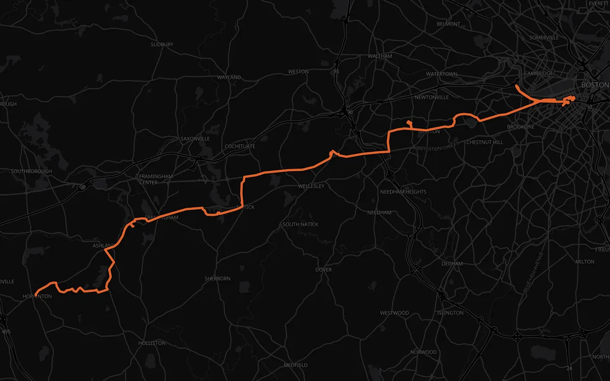 Boston Marathon course map, Hopkinton to Boylston Street, dark mode