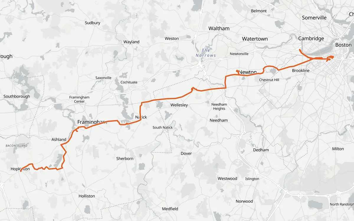 Boston Marathon course map, Hopkinton to Boylston Street