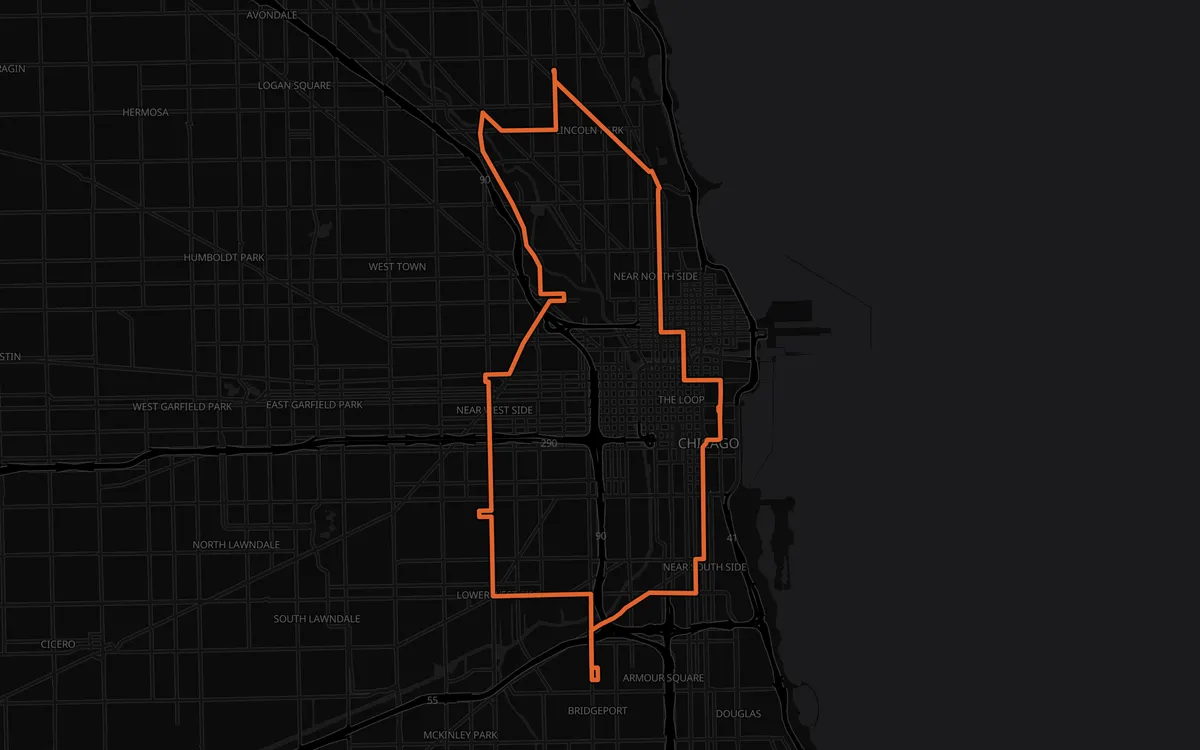Chicago Marathon course map, Grant Park to Grant Park, dark mode