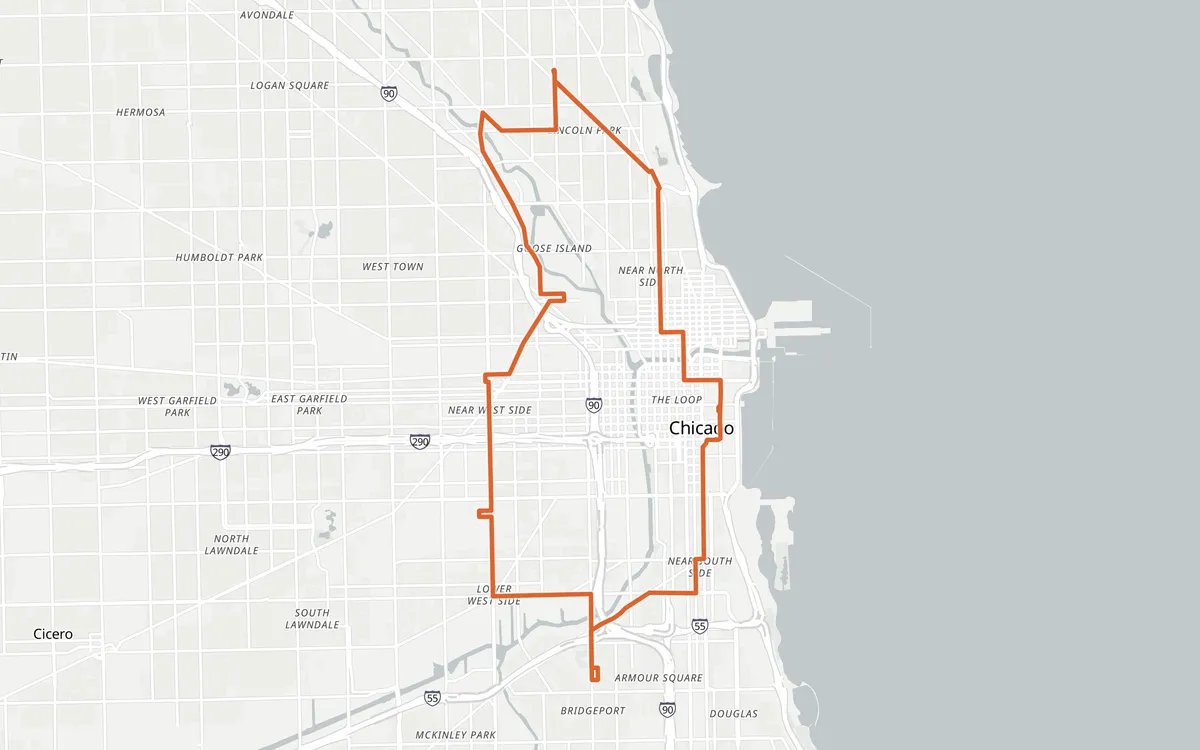 Chicago Marathon course map, Grant Park to Grant Park