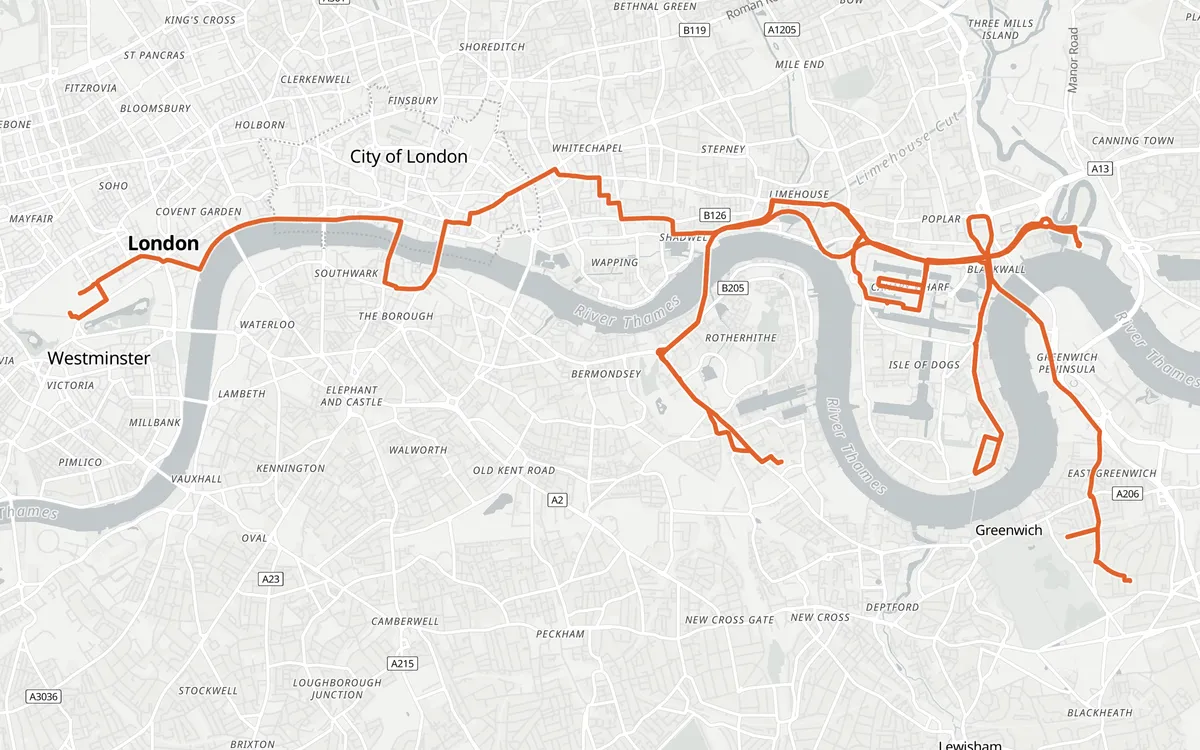 London Marathon course map, Greenwich to The Mall