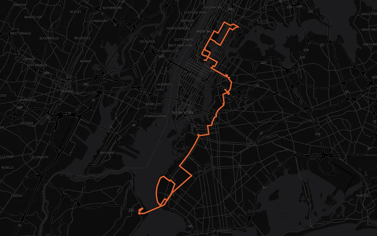 New York Marathon course map, Staten Island to Central Park, dark mode