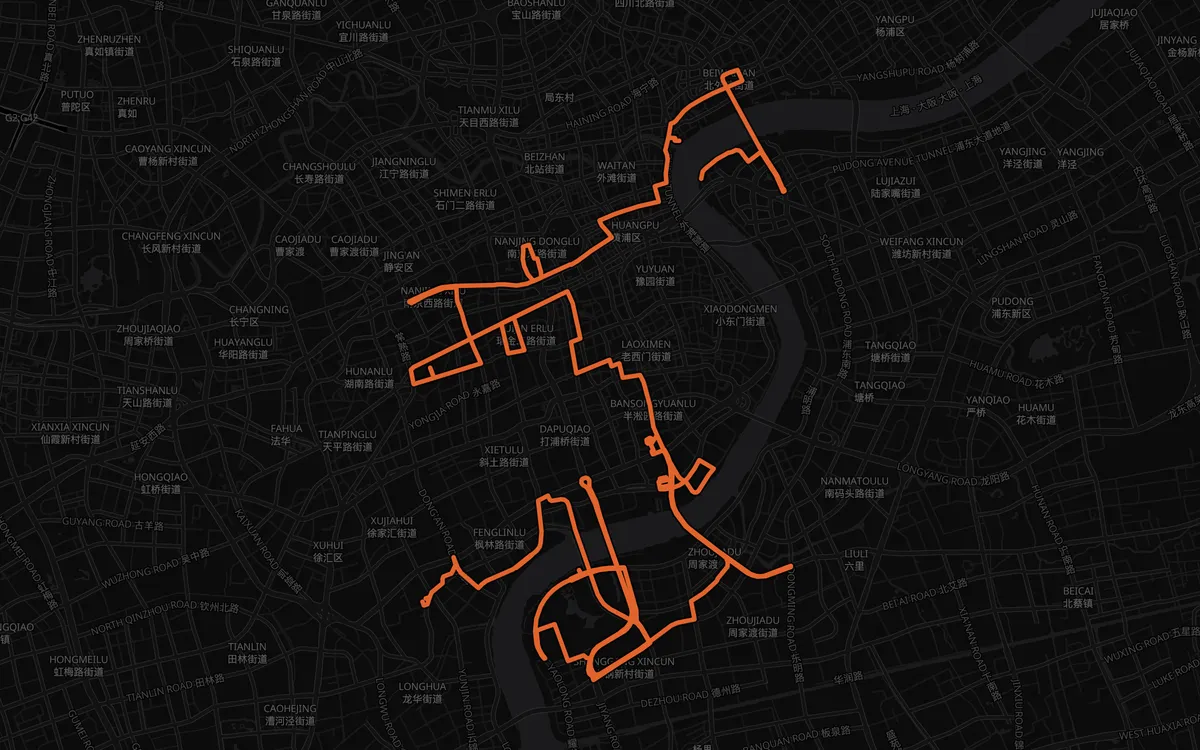 Shanghai Marathon course map, The Bund, Gold Bull Plaza to Shanghai Stadium, dark mode