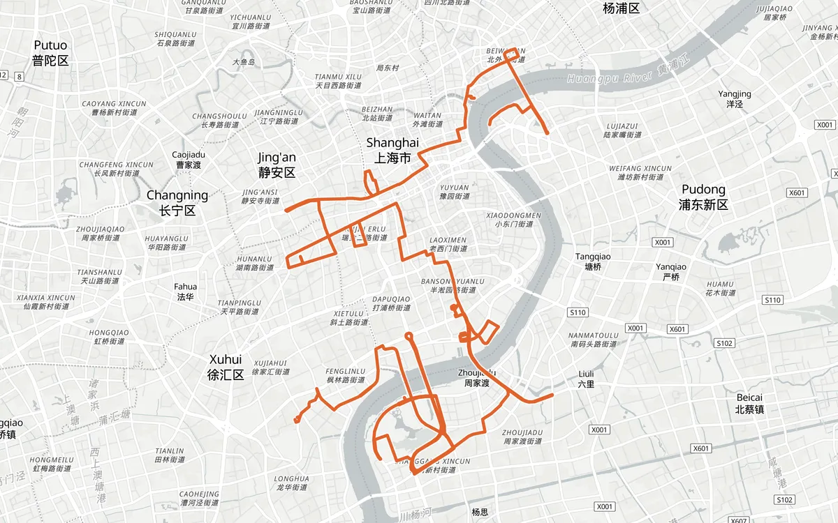Shanghai Marathon course map, The Bund, Gold Bull Plaza to Shanghai Stadium