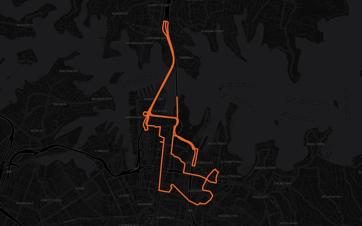 Sydney Marathon course map, Milsons Point to Opera House, dark mode