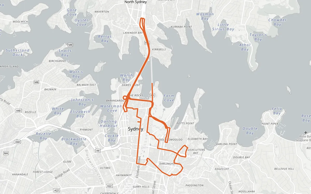 Sydney Marathon course map, Milsons Point to Opera House