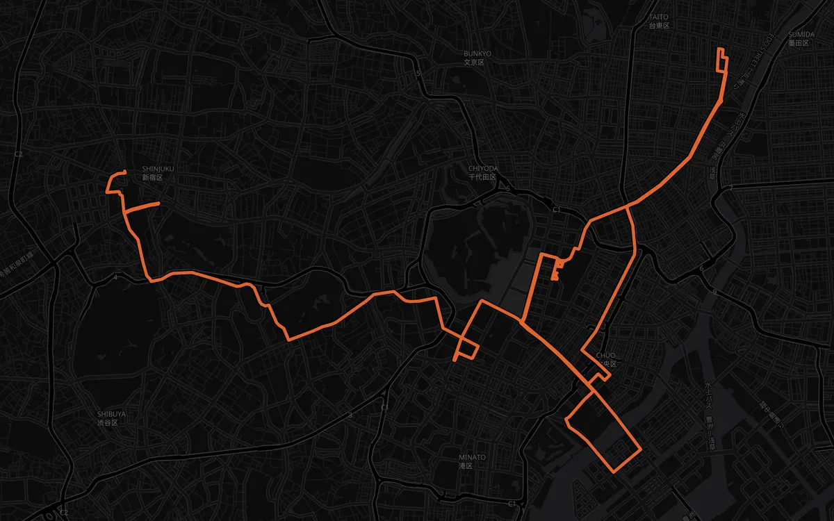 Tokyo Marathon course map, Shinjuku to Tokyo Station, dark mode