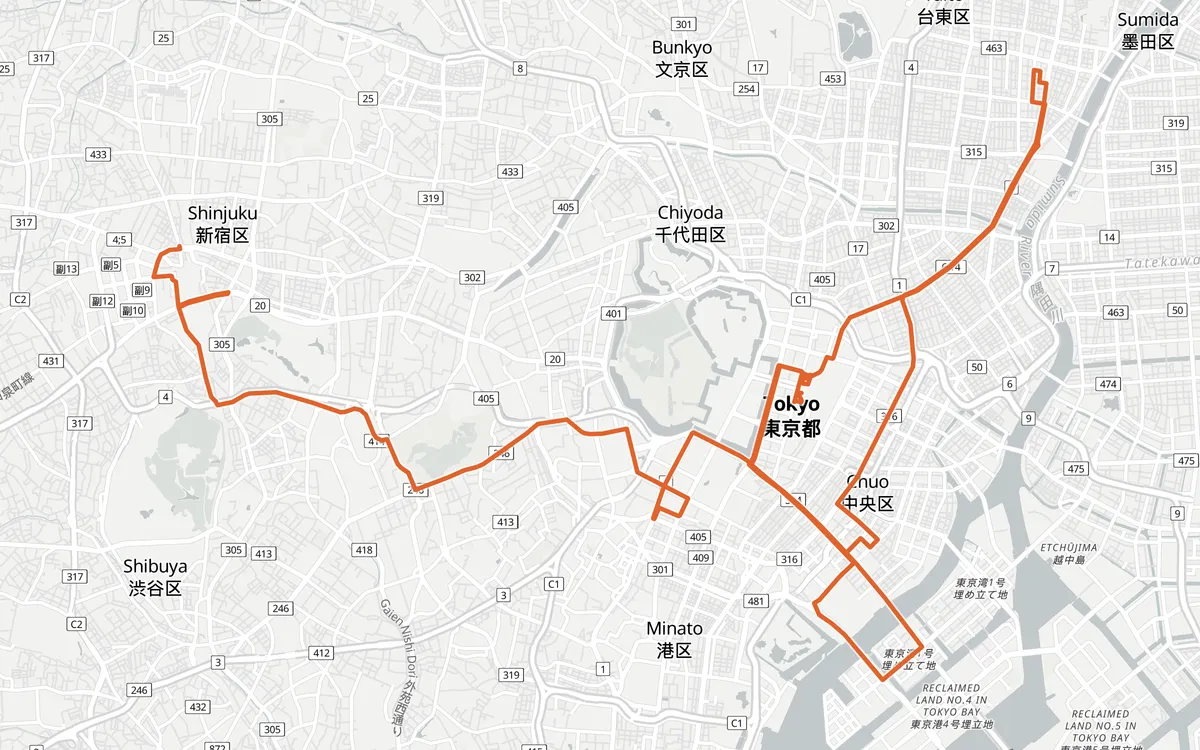 Tokyo Marathon course map, Shinjuku to Tokyo Station