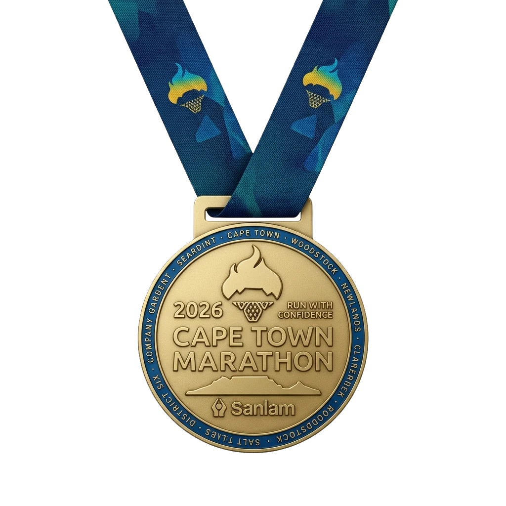 Sanlam Cape Town Marathon 2026 finisher medal with Table Mountain and the route neighbourhoods on the rim