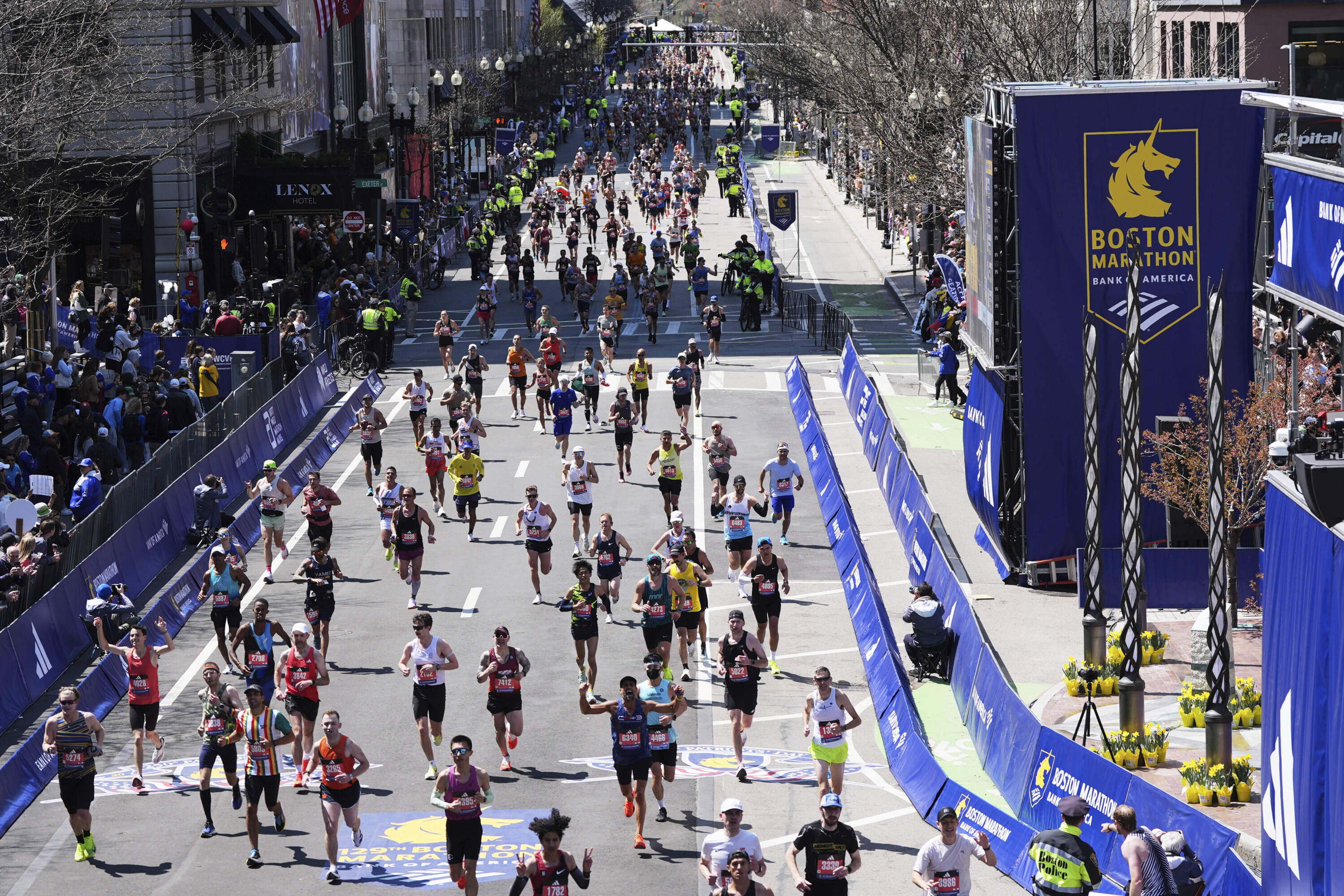 Boston Marathon 2025 finish line on Boylston Street after the right-on-Hereford-left-on-Boylston turn