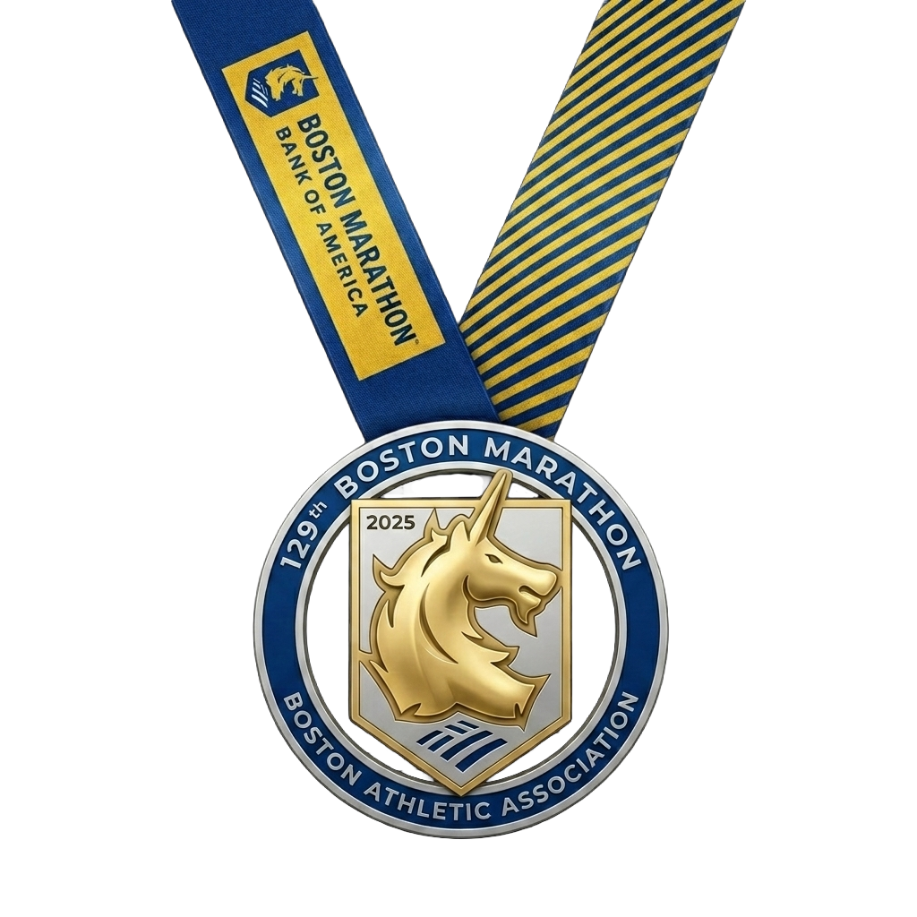 Boston Marathon 2025 finisher medal featuring the BAA unicorn — awarded to every BQ qualifier across Boylston Street
